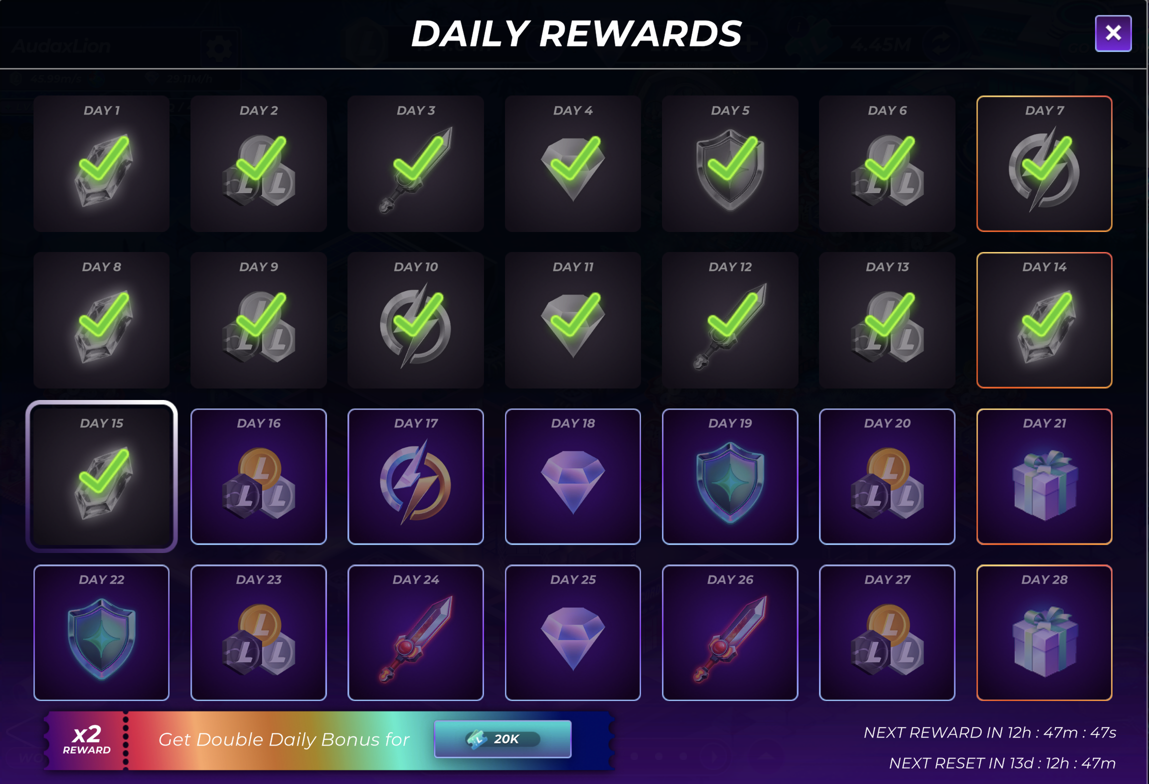 Schermata Daily Rewards di Mane City